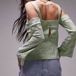 TOPSHOP Women’s NEW Textured Cold‎ Shoulder Long Sleeve Top Sage Green | Size 4